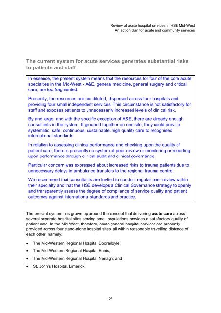 Review of acute hospital services in the Mid - Health Service Executive