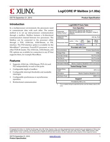 Xilinx DS776 LogiCORE IP Mailbox (v1.00a), Data Sheets