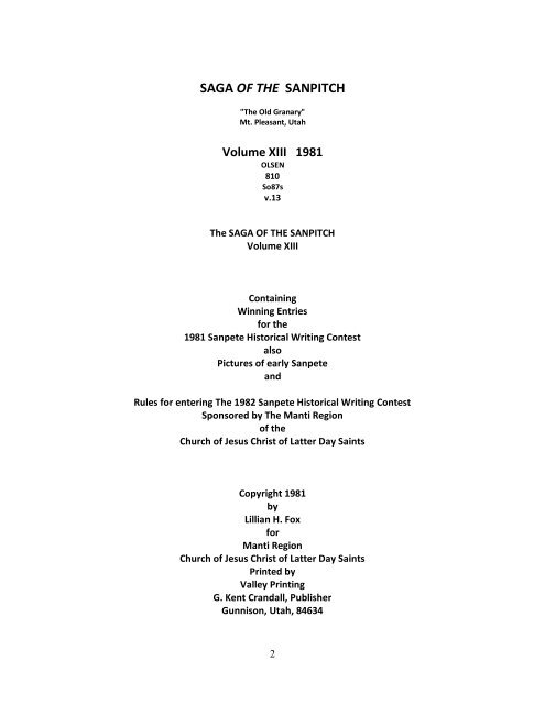 Saga of the Sanpitch Volume 13, 1981 - Sanpete County
