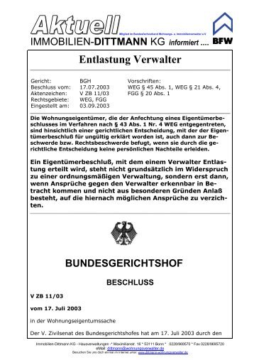 Entlastung Verwalter - Immobilien Dittmann KG