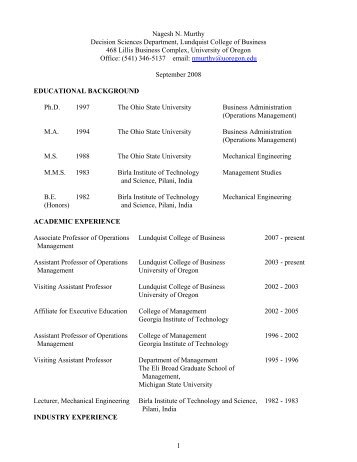 1 Nagesh N. Murthy Decision Sciences Department, Lundquist ...