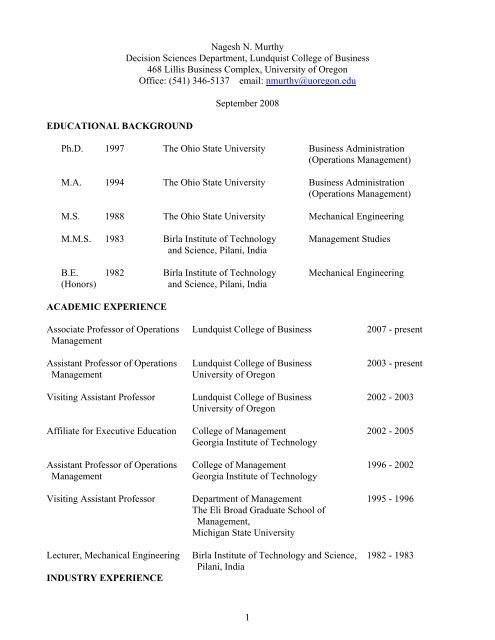 1 Nagesh N. Murthy Decision Sciences Department, Lundquist ...