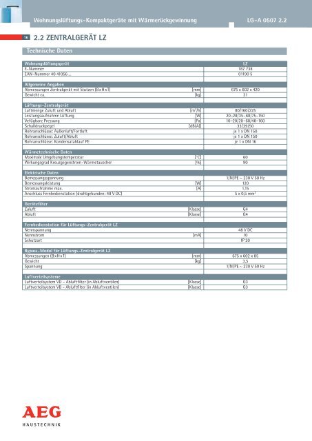 Technische Information für Lüftungstechnik - AEG Haustechnik