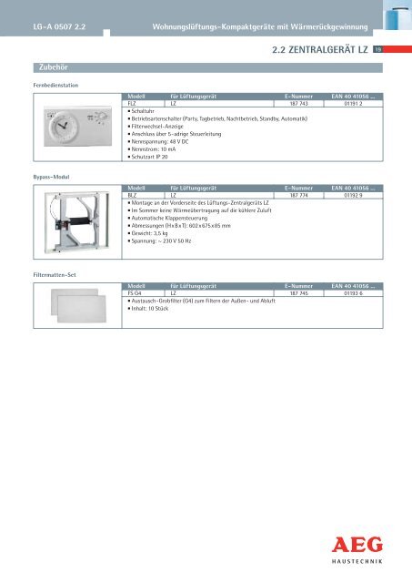 Technische Information für Lüftungstechnik - AEG Haustechnik