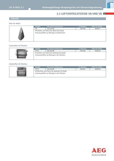 Technische Information für Lüftungstechnik - AEG Haustechnik
