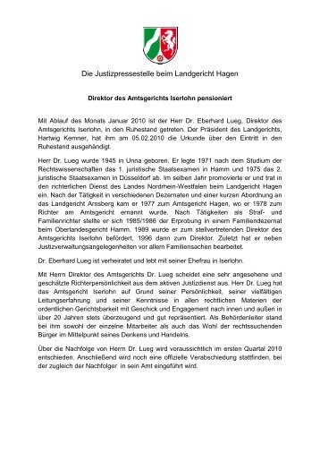 Dr. Lueg Direktor des Amtsgerichts Iserlohn pensioniert.