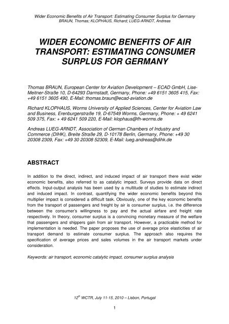 Wider Economic Benefits of Air Transport - Estimating Consumer