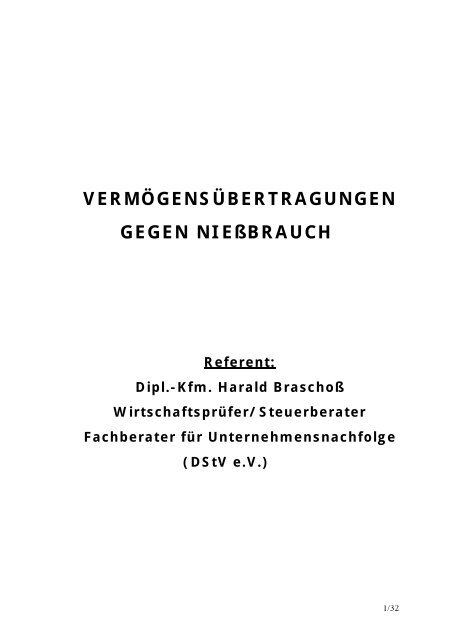 VERMÖGENSÜBERTRAGUNGEN GEGEN NIEßBRAUCH - Bwlc.de