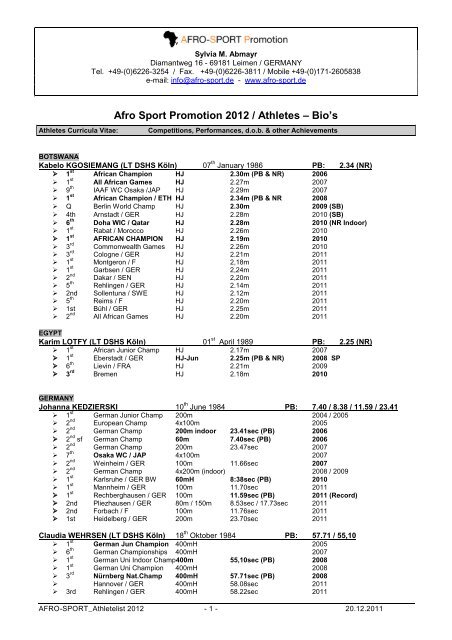 Afro Sport Promotion 2012 / Athletes – Bio's