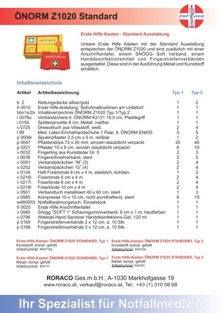 Erste Hilfe Kasten ÖNORM Z1020 Typ 2