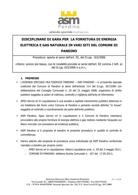 disciplinare di gara per la fornitura di energia elettrica e gas naturale  ...