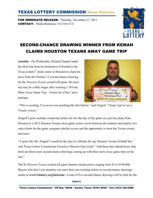 second chance drawing winner from kemah claims Texas Lottery