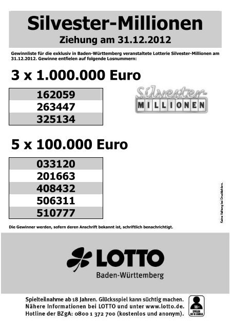 Gewinnliste Silvester-Millionen - Lotto