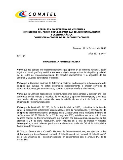 Providencia Administrativa HOMOLOGACION - 5ta Gaceta ... - Conatel