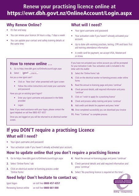 Renew your practising licence online at https://ewr.dbh.govt.nz ...