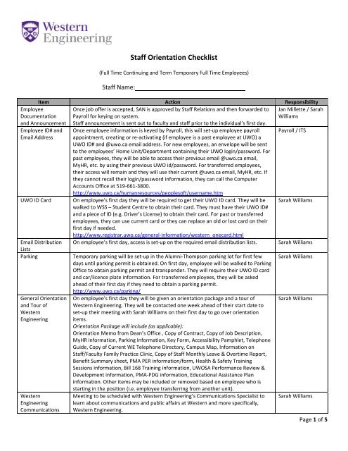 Staff Orientation Checklist - Western Engineering