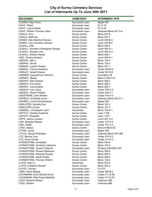 City of Surrey Cemetery Services List of Interments Up To June 30th ...