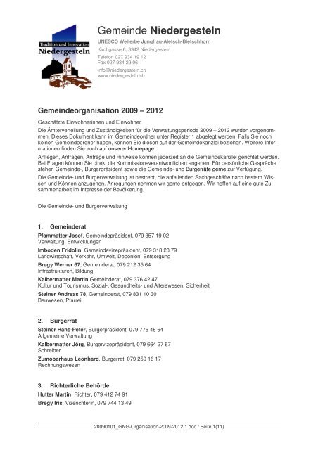 Gemeindeorganisation 2009-2012 - Gemeinde Niedergesteln