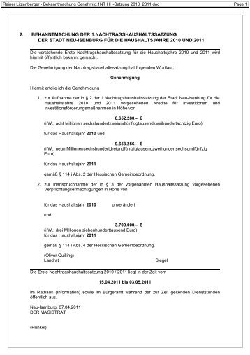 Rainer Litzenberger - Bekanntmachung Genehmig ... - Neu-Isenburg