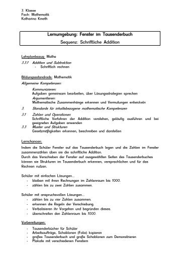 Fenster im Tausenderbuch Sequenz: Schriftliche Addition