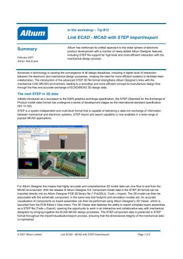 Link ECAD MCAD with STEP import/export Summary - Altium