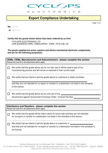 Export Compliance Form - Cyclops Electronics Ltd.