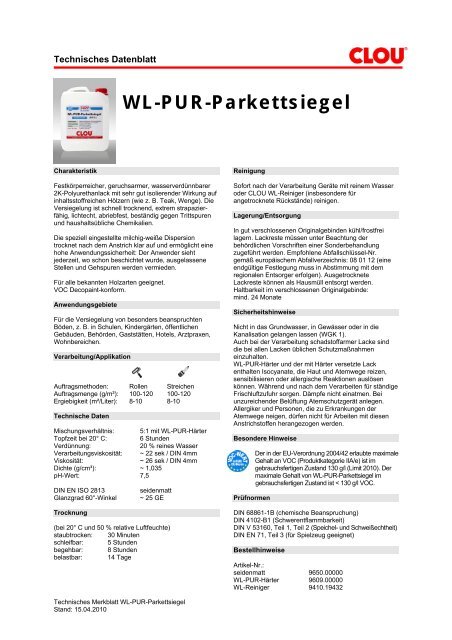 Technisches Merkblatt WL-PUR-Parkettsiegel - Clou - CLOU.de
