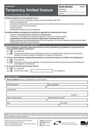 Temporary limited licence application form - VCGLR