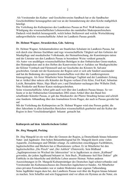 Kulturpreis 2003 vergeben - Landkreis Passau