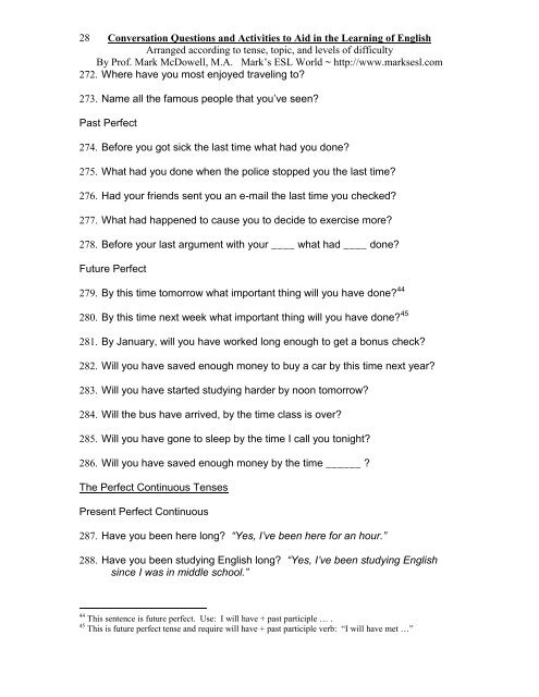 Conversation Questions and Activities to Aid in the - Mark's ESL World