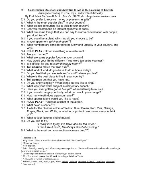 Conversation Questions and Activities to Aid in the - Mark's ESL World