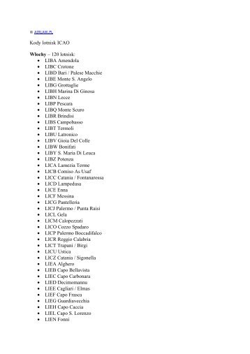 Kody lotnisk ICAO Włochy – 120 lotnisk: • LIBA Amendola • LIBC ...