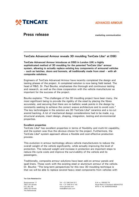 110810 Press release TenCate Advanced Armour concerning