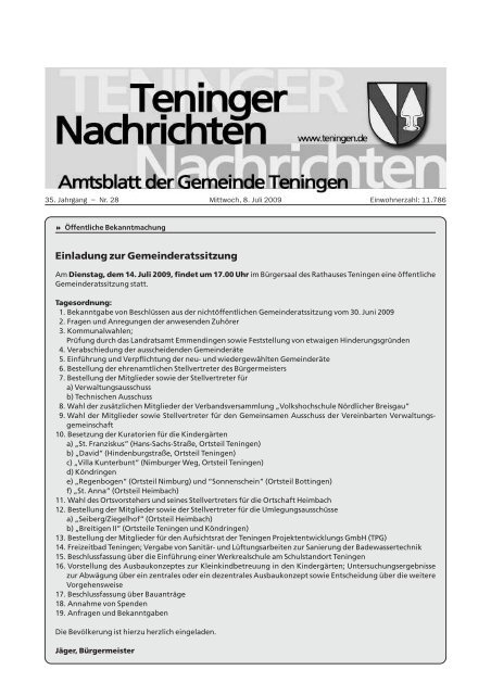 Einladung zur Gemeinderatssitzung - Teningen