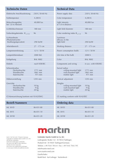 Martin ML 301 Martin ML 301 Untersuchungs- leuchte ... - Inmeda