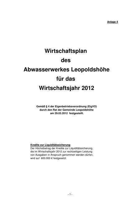 Haushaltsplan für das Haushaltsjahr 2012 der ... - Leopoldshöhe