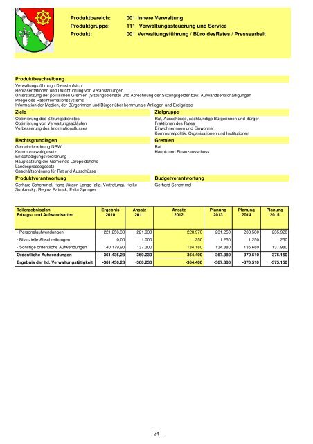 Haushaltsplan für das Haushaltsjahr 2012 der ... - Leopoldshöhe