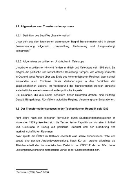 1. Der Transformationsprozess in der Tschechischen Republik