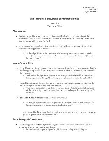 1 Unit 3 Handout 3: DesJardin's Environmental Ethics Chapter 8 The ...