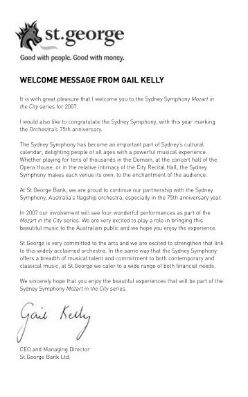 welcome message from gail kelly - Sydney Symphony Orchestra