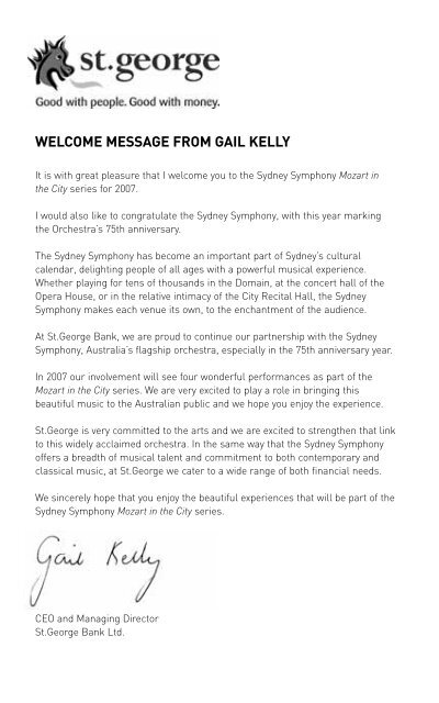 welcome message from gail kelly - Sydney Symphony Orchestra