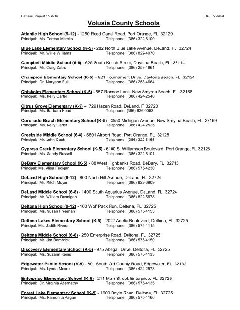 Printable Listing of all VCS Schools - Volusia County Schools