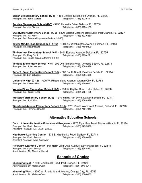 Printable Listing of all VCS Schools - Volusia County Schools