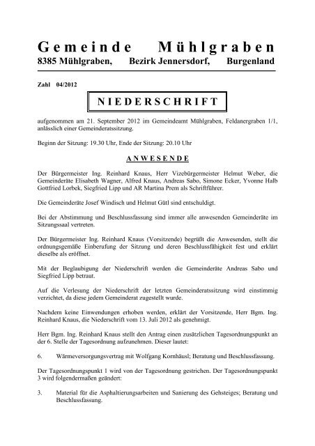 4. Gemeinderatssitzung vom 21.09.2012 - Protokoll ... - Zur Homepage