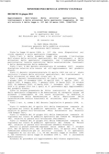 Decreto Ministeriale 14 giugno 2012 - Comune di Como