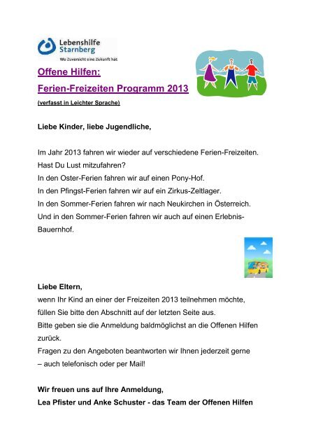 Ferien-Freizeiten Programm 2013 - Lebenshilfe Starnberg