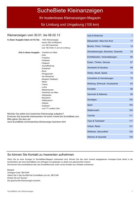 SucheBiete Kleinanzeigen-Magazin Limburg - Kostenlose