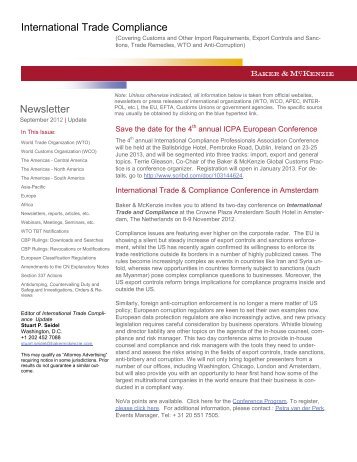 September 2012 International Trade Compliance Update Newsletter