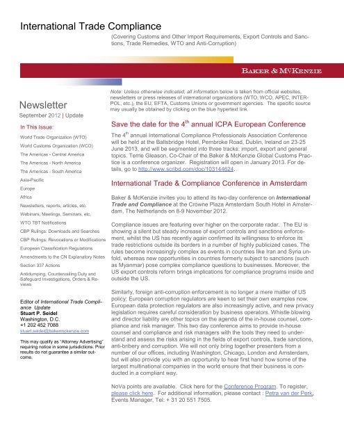 September 2012 International Trade Compliance Update Newsletter