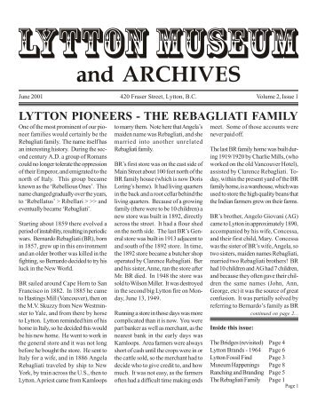 lytton pioneers - the rebagliati family - Botanie Creek Home Page